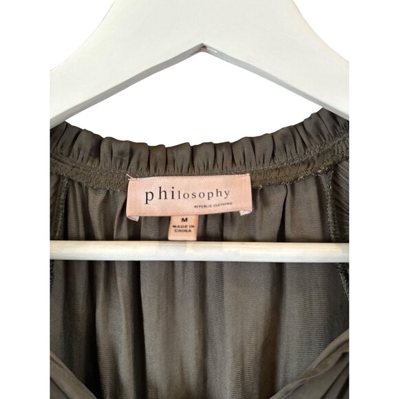 Philosophy Olive Tie Neck Blouse Sz M Long Sleeve Pleated Shoulder Office Career - Picture 2 of 6